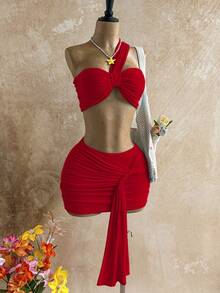 SHEIN WYWH 女士纯色褶皱无袖上衣和系带修身迷你裙两件套 - 紅色 - 查看 3