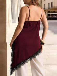 Elegantrix Plus Size Women Urban Casual Lace Asymmetric Hem V-Neck Patchwork Solid Color Camisole Gym Brown Summer - Rose Red - View 5