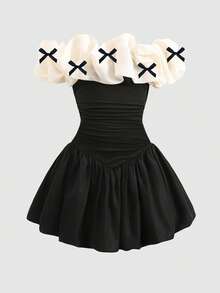 SHEIN Girlism 儿童/少女露肩撞色蝴蝶结装饰荷叶边修身派对礼服，夸张花卉饰边正式礼服，适合春、夏、秋、冬四季穿着，可作伴娘、正式晚宴、毕业典礼等场合，迷你短裙 - 黑與白 - 查看 5