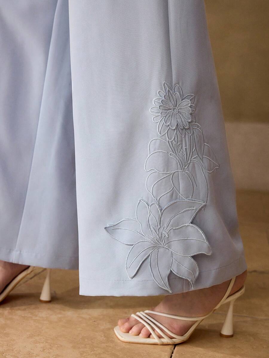 MOTF PREMIUM 女士刺绣阔腿西装裤，休闲约会装，春夏款 - 藍色 - 查看 2