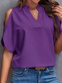 Clasi Blusa de camisa blanca con hombros descubiertos y manga dividida - Morado - Ver 4
