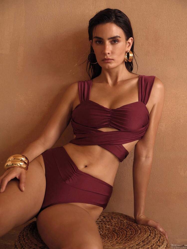 SUMMER FASHION CHIC ELEGANT CRISS-CROSS STRAP VACATION WOMEN BEACH SWIMSUIT BIKINI SET