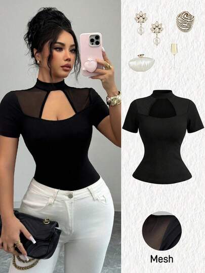 GlowEve CURVE Women's Elegant Commuter Black Solid Color Mesh Patchwork Hollow Design Plus Size Short Sleeve T-Shirt, Spring/Summer