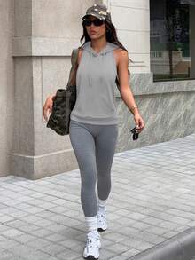 Dewbera Dewbera 女士时尚休闲户外健身跑步前中口袋无袖连帽抽绳露背性感瑜伽运动卫衣，夏季 - 淺灰色 - 查看 6