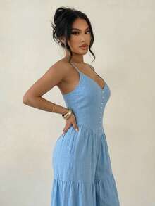 Swim SXY 2026 New Spring/Summer Vacation Style Casual & Elegant Spaghetti Strap Design With Front Button Decor & Waist Cinched Wide Leg Loose Jumpsuit For Women - Blue - View 3