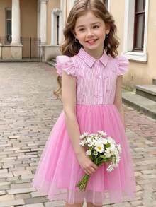 Genkimix Kids 1pc Girls Sweet School Style Pink & White Striped Textured Collar Flare Sleeve Bow Print Mesh Dress, Cute Princess Style For Daily Wear, Birthday Party, Spring/Summer Princess Dresses For Kids Party Dresses For Girls Charming Kids Dresses - Pink - View 12