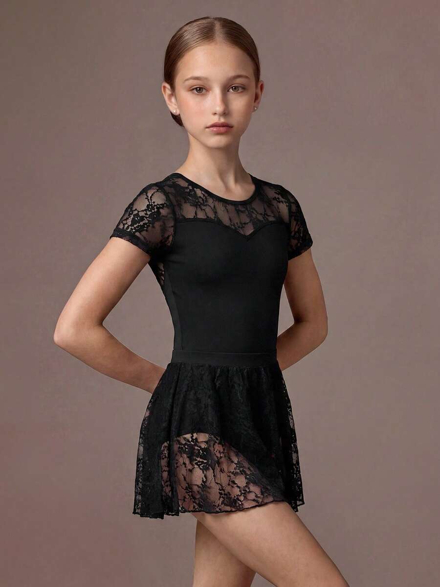 SHEIN 少女撞色蕾丝圆领短袖连体裤配迷你裙 - 粉色 - 查看 1