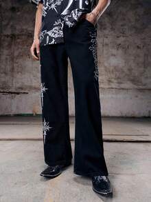 Skyrend Grunge Goth Y2K Style Men's Casual Loose Wide Leg Straight Versatile Embroidered Pattern Jeans, Fashionable Personalized Street Wear, Suitable For Work, Commute, Stage Performance, Hangout With Friends, Outdoor Wear - Black - View 1