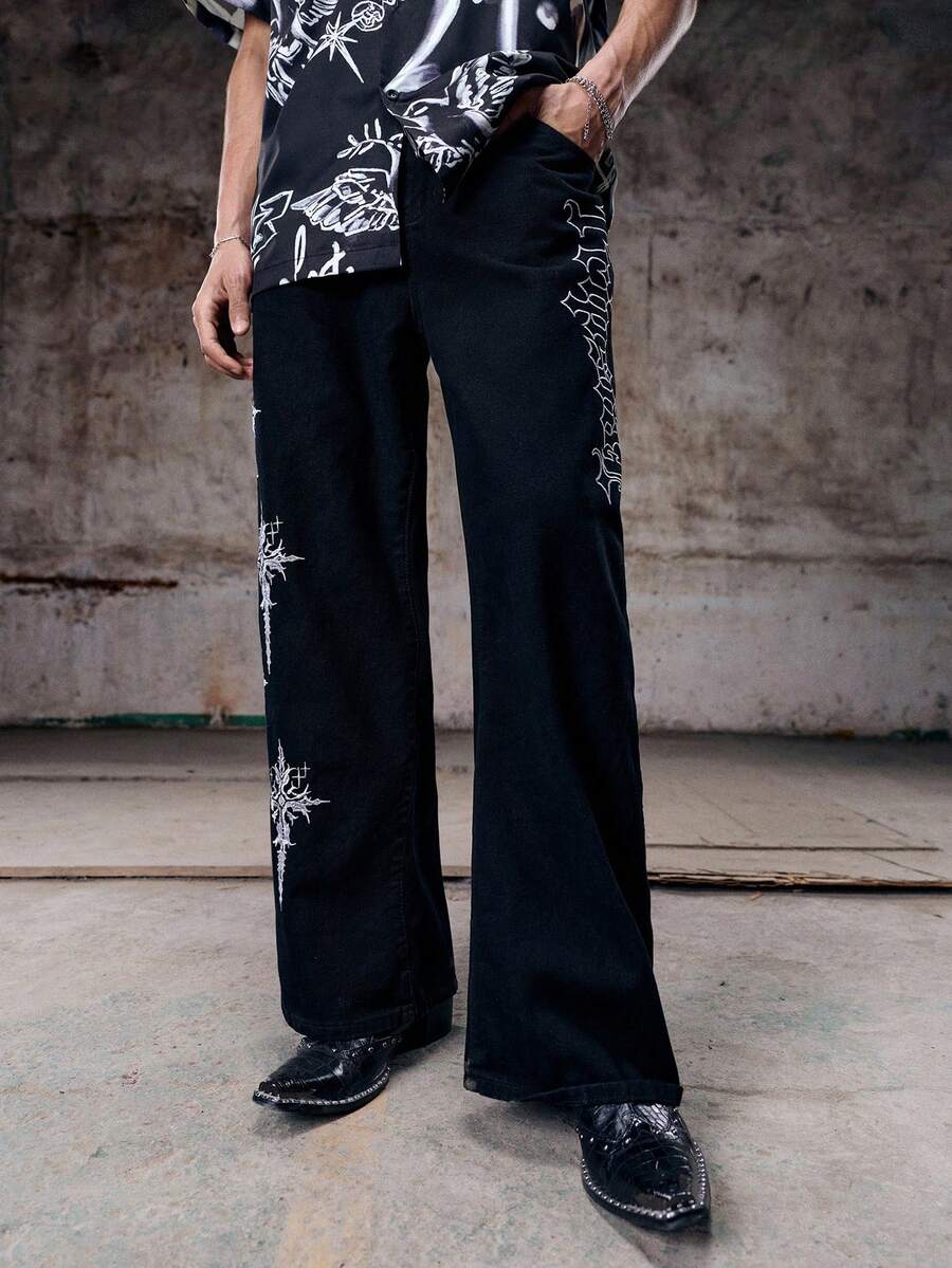 Skyrend Grunge Goth Y2K Style Men's Casual Loose Wide Leg Straight Versatile Embroidered Pattern Jeans, Fashionable Personalized Street Wear, Suitable For Work, Commute, Stage Performance, Hangout With Friends, Outdoor Wear - Black - View 1