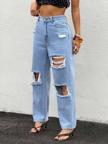 Rivivi 女士休闲街头风破洞毛边牛仔裤 - 藍色 - 查看 4