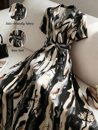 SHEIN Clasi 大码优雅系带印花中长连衣裙，适合通勤。