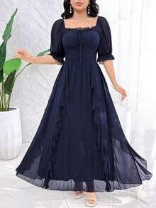 Modelyn Women's Solid Color Minimalist Elegant Casual Long Mesh Dress Party Navy Blue Summer - Blue - View 8