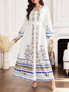 Yasmyna Women's Elegant Printed Long Sleeve Arabic Style Dress - White - View 9