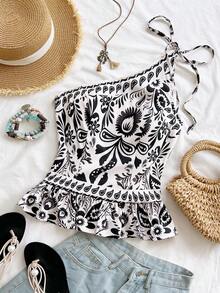Soleia 女士刺绣纹理面料蕾丝边吊带背心，休闲、约会、情人节、下午茶、海滩、邮轮、城市度假、音乐节、派对、波西米亚风、嬉皮风、西部风，可内穿或外穿，适合所有季节，日常通勤皆宜。 - 黑與白 - 查看 6