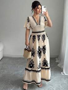 Elenzga Plus Size Women's Long Floral Print Waist Flared Dress, Spring/Summer - Multicolor - View 4