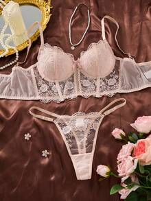 2件套女士白色浪漫长款文胸内衣套装 - 淺粉色 - 查看 3