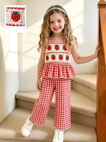 Elladie kids Bộ đồ thường ngày thời trang mới cho bé gái, áo tank top không tay phối cùng quần dài dệt kim kẻ caro, chất liệu mềm mại, dễ thương kiểu Hàn Quốc, thoải mái cho mặc hàng ngày, đi học, đi nghỉ mát, dự tiệc mùa xuân/hè. - Hồng - Xem 8