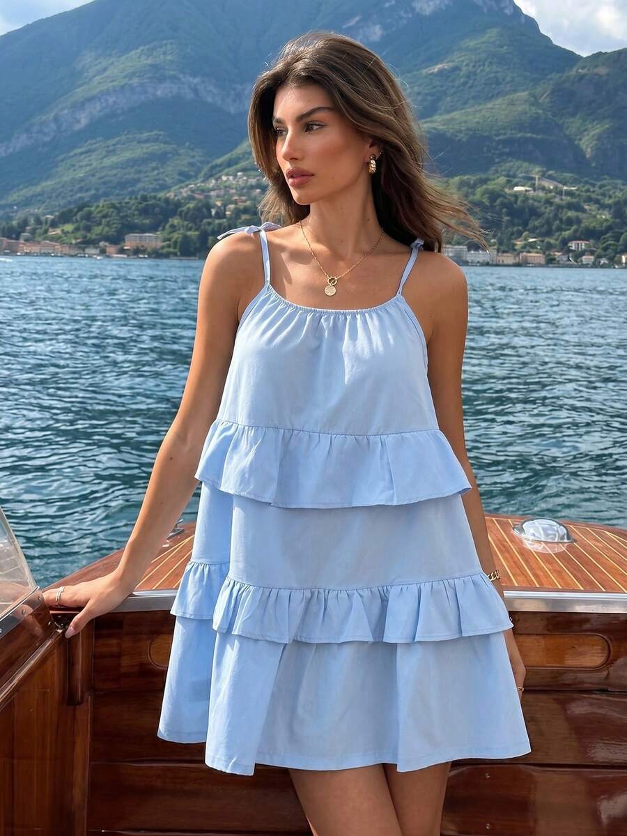 SHEIN Women's Tiered Ruffle Mini Dress Featuring Delicate Tie-Strap Shoulders, Open Back Design, And Flirty Multi-Layered Voluminous Hem - Baby Blue - View 1
