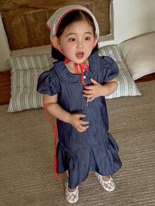 Toddler Girls' Casual Denim Collared Short Sleeve Top - Blue - View 6