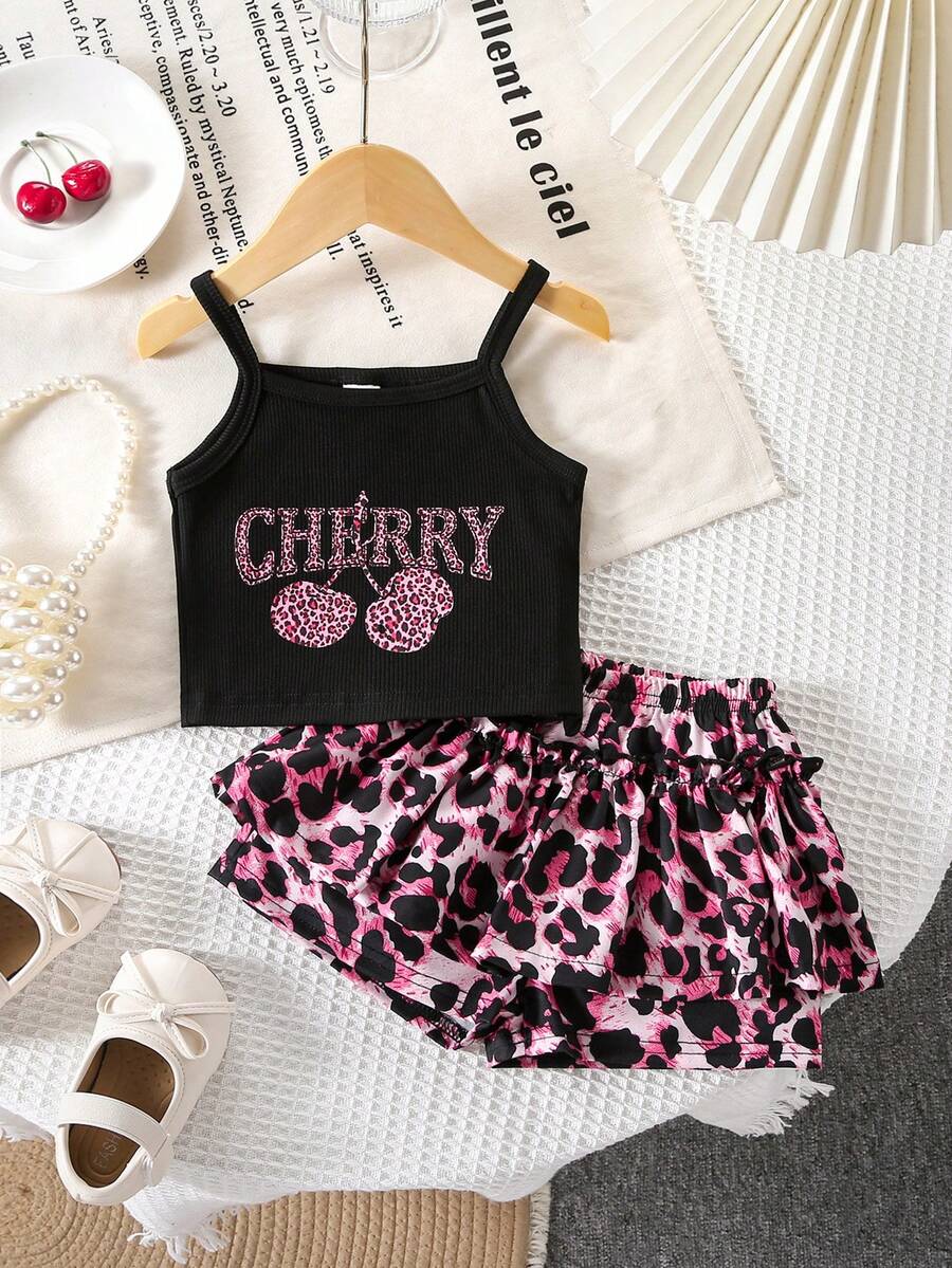 SHEIN Bộ áo hai dây và quần short bó sát kiểu tối giản in họa tiết da báo cổ điển cho bé gái, thích hợp cho mùa xuân và mùa hè. - Nhiều màu - Xem 1