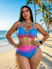 Slaydiva Plus Size Swimwear Set Baby Blue,Summer,Beach,Vacation,Holiday Colorful Ombre Leopard Print Metal Buckle Halter Neck High Waist Bottoms Outfit - Multicolor - View 3