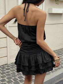 DAZY Vestido corto de mujer de unicolor con escote halter y espalda descubierta, atuendo de vacaciones - Negro - Ver 3