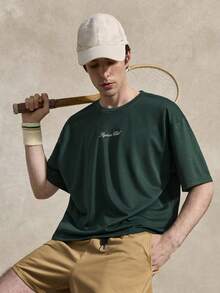 Courvante Herren Slogan Muster Rundhals Casual Kurzarm Grafik T-Shirt Streetwear dunkelgrünes Zitat Shirt Oversize T-Shirt, Strickstoff, für Tennis Sport, Golf, Vatertags Geschenk für Vater & Freund, Outfits für Männer - Dunkelgrün - Übersicht 7