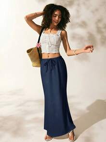 Easelle Women's Summer Solid Color Drawstring Waist Fishtail Skirt, Navy Blue - Navy Blue - View 3