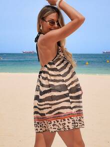 Maternity Casual Vacation Zebra Print Ruffle Hem Cover Up Dress - Multicolor - View 2