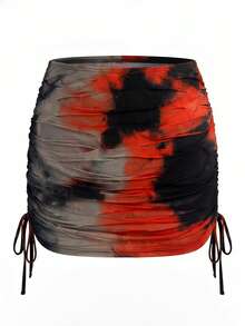 Slaydiva Plus Size Women's Sexy Orange Print Backless Halter One-Piece Swimsuit And Drawstring Ruched Knot Cover-Up Skirt Set, Summer Beach Vacation Holiday - Multicolor - View 5