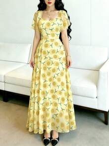 Modelyn 百香果印花女士长裙，时尚方领荷叶袖设计，夏季收腰休闲长款连衣裙，水果图案浅黄色雪纺连衣裙，适合夏季度假和日常穿着 - 彩色 - 查看 4