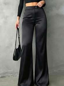 Elegantrix Women's Solid Satin High-Waisted Straight-Leg Pants, Suitable For Daily Wear, Office Commute, Home, Dates, Small Parties, And Light Social Occasions Black Spring - Black - View 1