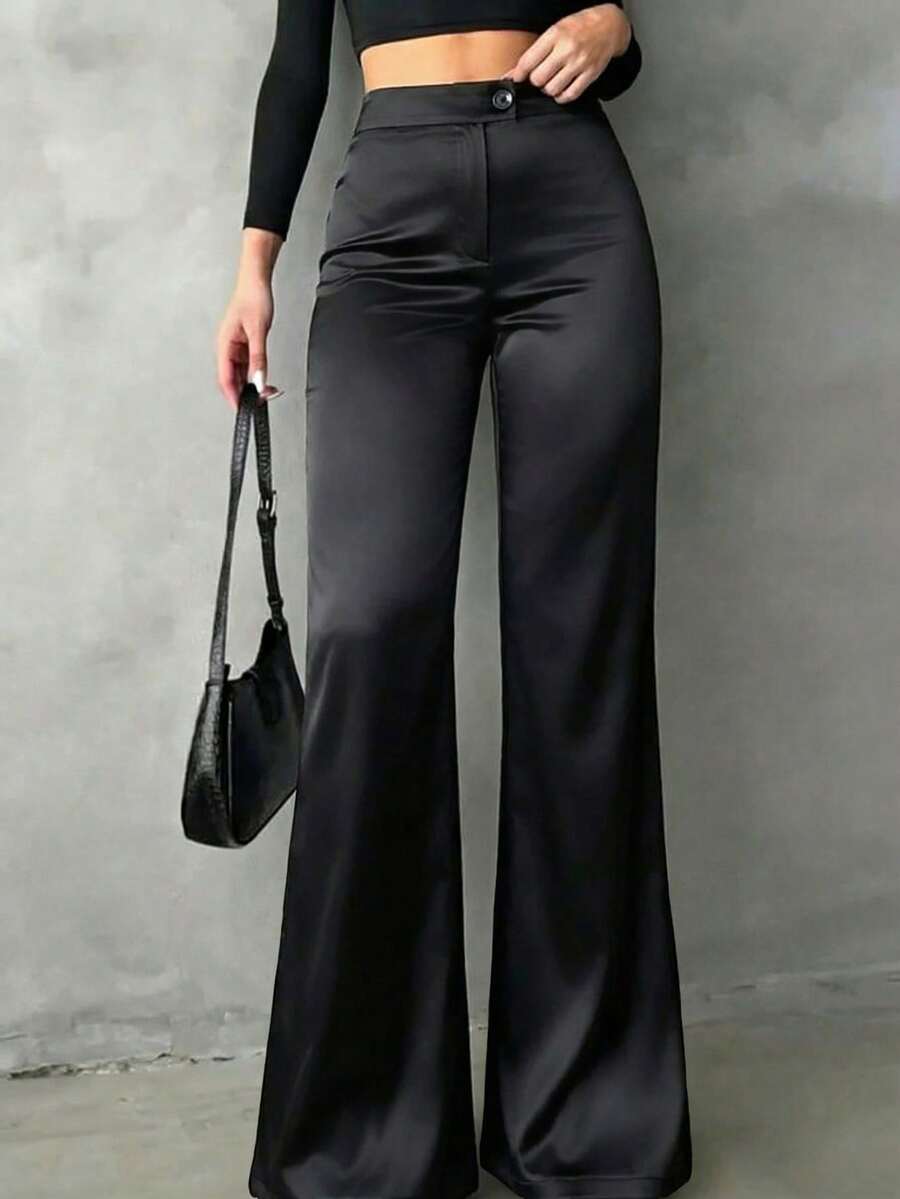 Elegantrix Women's Solid Satin High-Waisted Straight-Leg Pants, Suitable For Daily Wear, Office Commute, Home, Dates, Small Parties, And Light Social Occasions Black Spring - Black - View 1