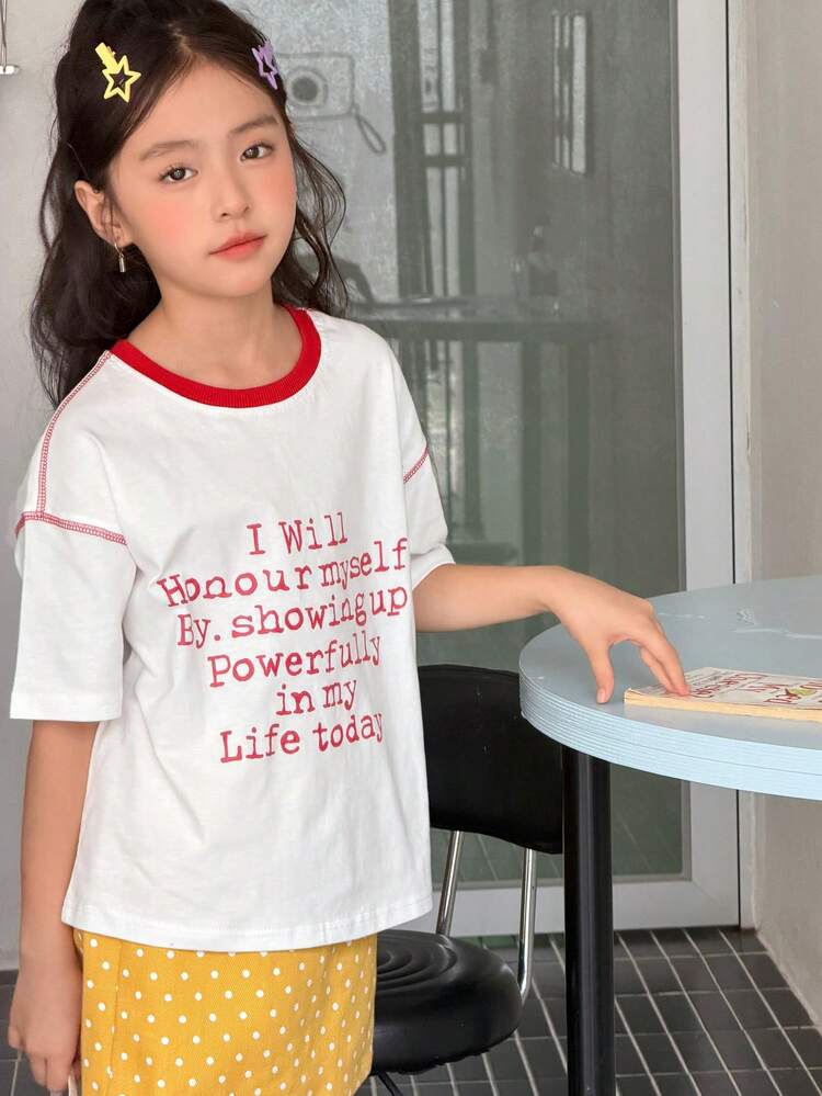 Contrast Color Round Neck Letter Print Loose Tween Girls T-Shirt