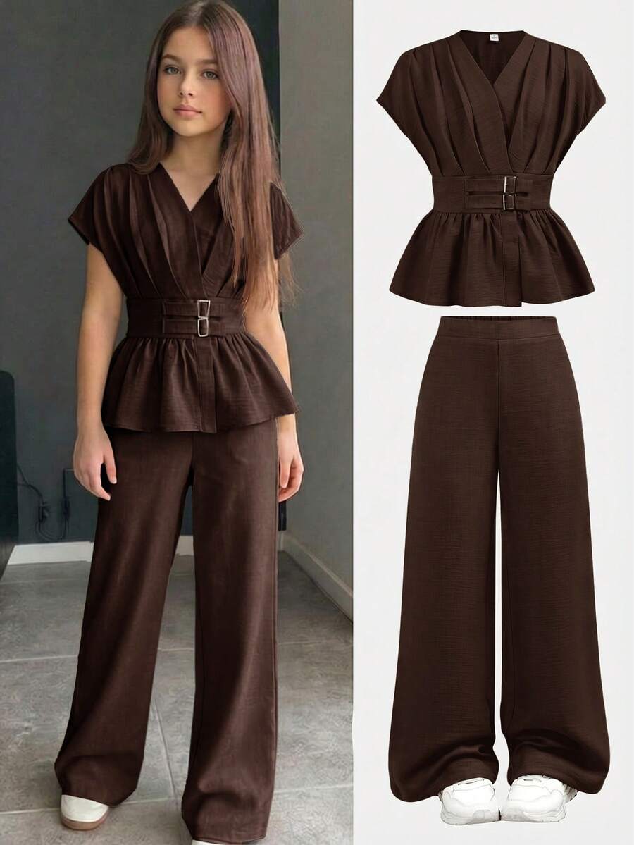 Firerie Kids Bộ 2 món cho bé gái tuổi teen: áo thun eo và quần ống rộng, trang phục phù hợp cho cả trang phục trang trọng và thường ngày. - màu nâu - Xem 1