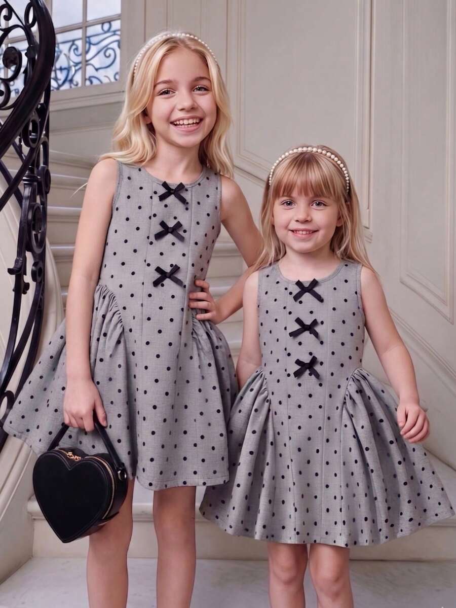 Elladie kids Vestito da bambina (taglia piccola) grigio a pois con fiocco, senza maniche, ampio e svasato, stile aristocratico estivo per bambini, abito mini dal design minimalista, elegante e generoso, adatto per occasioni formali, feste e eventi importanti