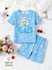 小女孩梦幻公主冰雪奇缘星空印花夜光可爱针织弹力面料舒适柔软短袖上衣和短裤两件套睡衣 - 藍色 - 查看 7