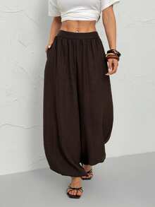 SHEIN PETITE Linen Bermuda Shorts, Linen Solid Color Knee-Length Shorts With Side Pockets, High Waist And Loose Fit, Fashion Basics - Brown - View 7