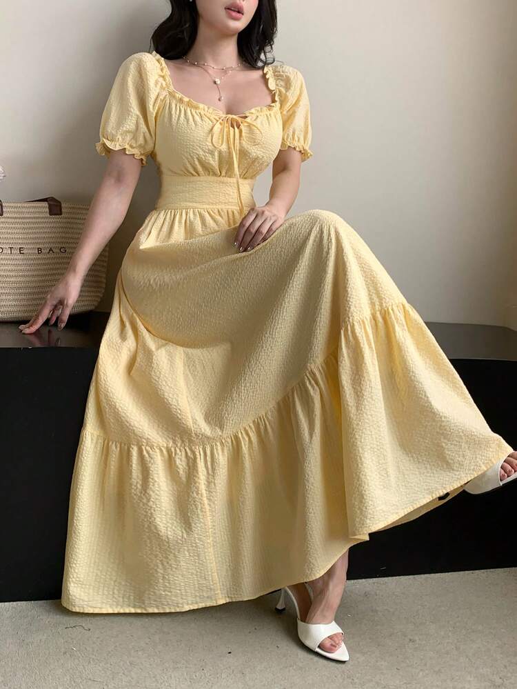 Casual Vacation Style Bow Tie Strap Midi Dress For Women, Suitable For Spring & Summer