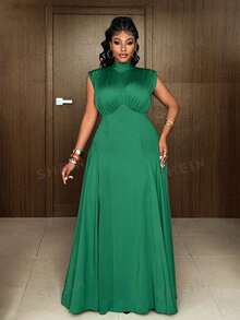 Maweii Plus Size Elegant Solid Color Dress With Stand Collar, Summer - Green - View 6