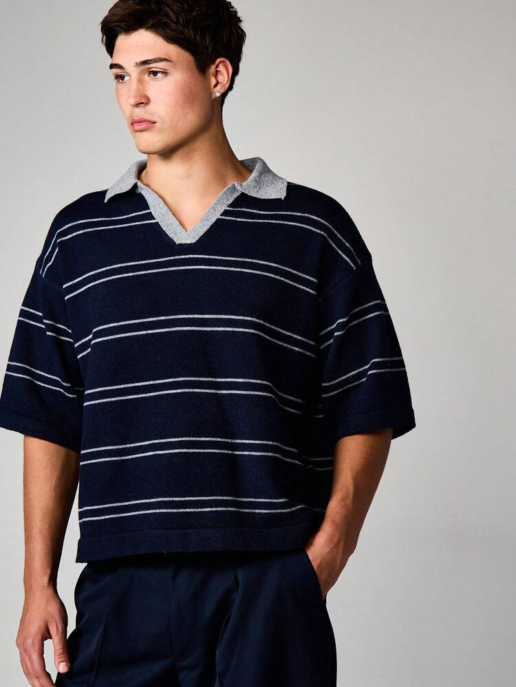 Navy Blue Horizontal Stripe V-Neck Knit Rugby Sweater With Contrast Grey Collar Short Sleeve Pullover Top