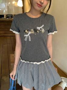 DAZY Women's Cartoon Print Bow Ruffle Trim Round Neck Short Sleeve T-Shirt, Summer Graphic Tee - Grey - View 7