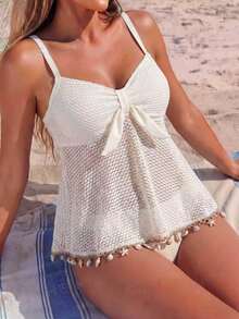 Swim Lushoire Bộ đồ bơi Tankini nữ mùa hè đi biển màu trơn, phần ngực xếp ly, họa tiết vỏ sò và sao biển, bộ sưu tập đồ bơi nghỉ dưỡng mùa xuân/hè 2026 mới dành cho nữ: Thanh lịch, lãng mạn, gợi cảm và ngọt ngào; đơn giản, thoải mái và đa năng; kiểu dáng thiết kế độc đáo; đồ bơi nữ, đồ du lịch, đồ nghỉ mát, đồ bơi thể thao hàng ngày, bộ hai mảnh. - Màu be - Xem 3