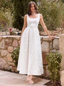 Enchnt Vestido midi sin mangas con escote cuadrado y recortes para mujer - Albaricoque - Ver 1