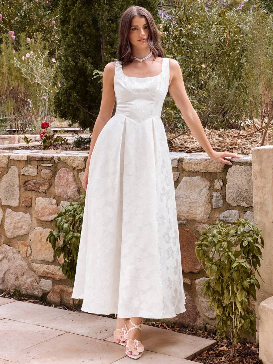 Enchnt Vestido midi sin mangas con escote cuadrado y recortes para mujer - Albaricoque - Ver 1