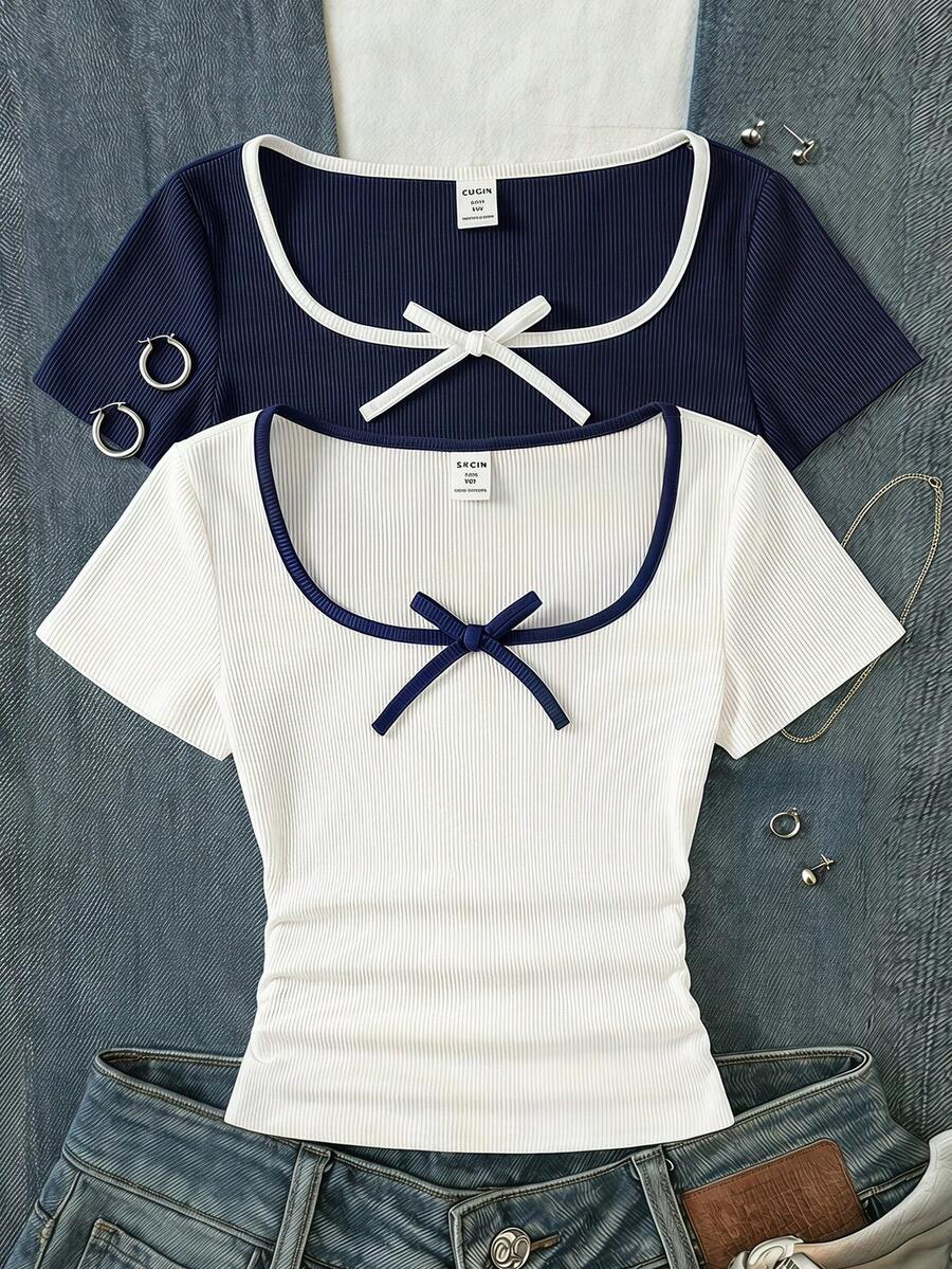 SHEIN 2pcs/Set Tween Girls' Casual Comfortable Contrast Stripe Bow Decor U-Neck Ruched Short Sleeve T-Shirt - Multicolor - View 1