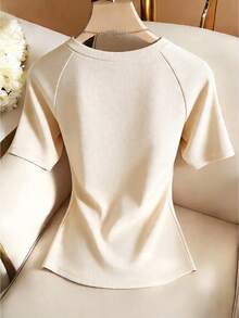 SHEIN Franclia Women's Summer Round Neck Raglan Short Sleeve All-Match T-Shirt, Elastic Ribbed Knit Fabric, Minimalist Versatile Slim Fit Elegant Fashion Top, Summer Outfit Ribbed Tops For Women Basic Tops For Women Elegant Tops For Women Casual Tops For Women Plain Tops For Women Elegant Blouses Knit Tops T-Shirts For Women Blouses For Women  Summer Clothing Summer Tops Women's Summer Outfits  Women's Holiday Outfits Elegant Women's Top Summer Holiday Outfits Party Tops Women's Commute Outfits Women's Office - Apricot - View 2