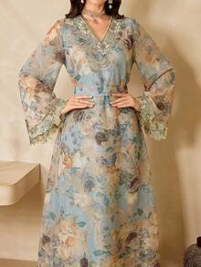 Al Najma 女士花卉V领喇叭袖优雅阿拉伯风格连衣裙 - 藍色 - 查看 4