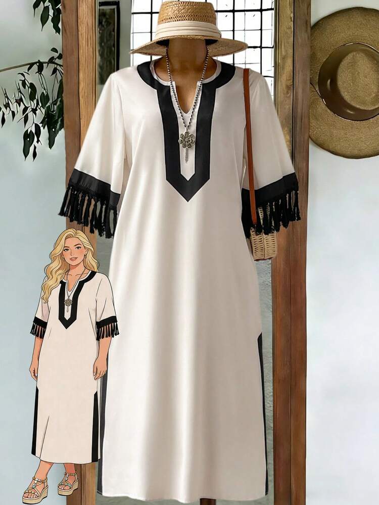 Plus Contrast Panel Fringe Trim Dress White And Black Dress Summer Dress Summer Outfits For Women Spring Clothing Spring Outfit Beach Outfits For Women Vacation Outfits Women Summer Holiday Outfits Country Style For Women Festival Outfits For Women Casual Dresses For Women Country Dress