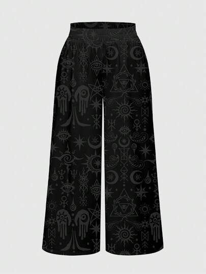 ROMWE Gothic Dark Academia Occult Hand Eye Sun Moon Star Print Plus Size Women Wide Leg Pants